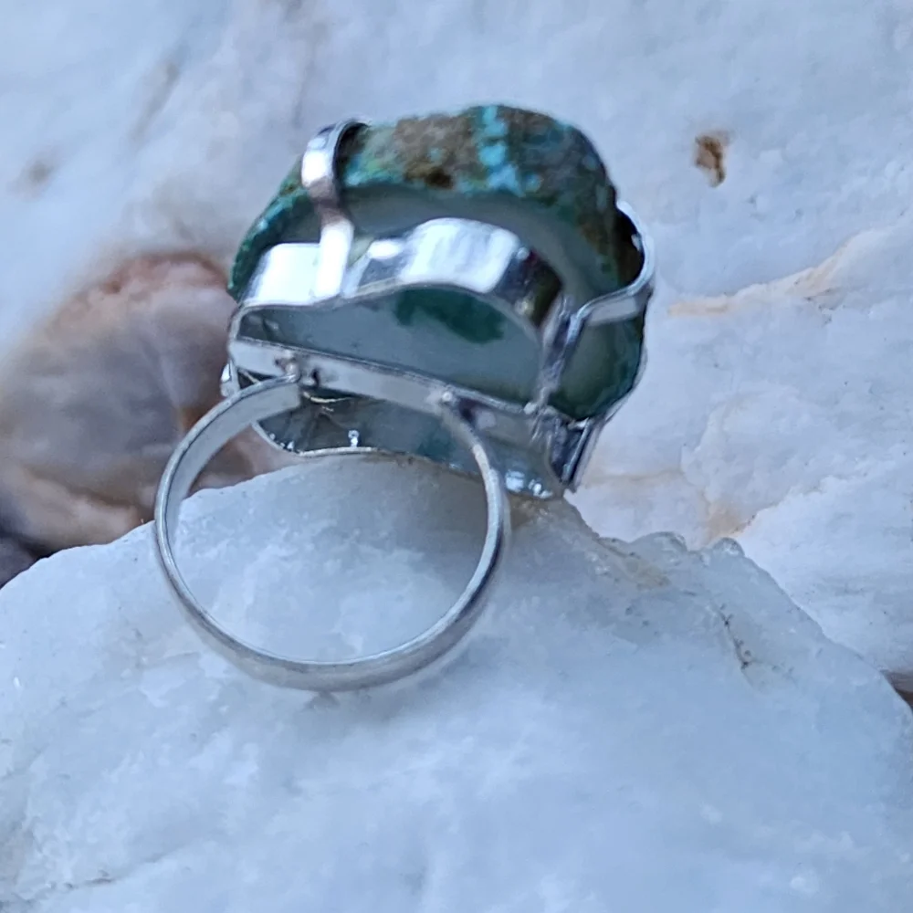 Genuine Banded Agate Druzy Quartz Geode White Rhodium/925 Silver Ring